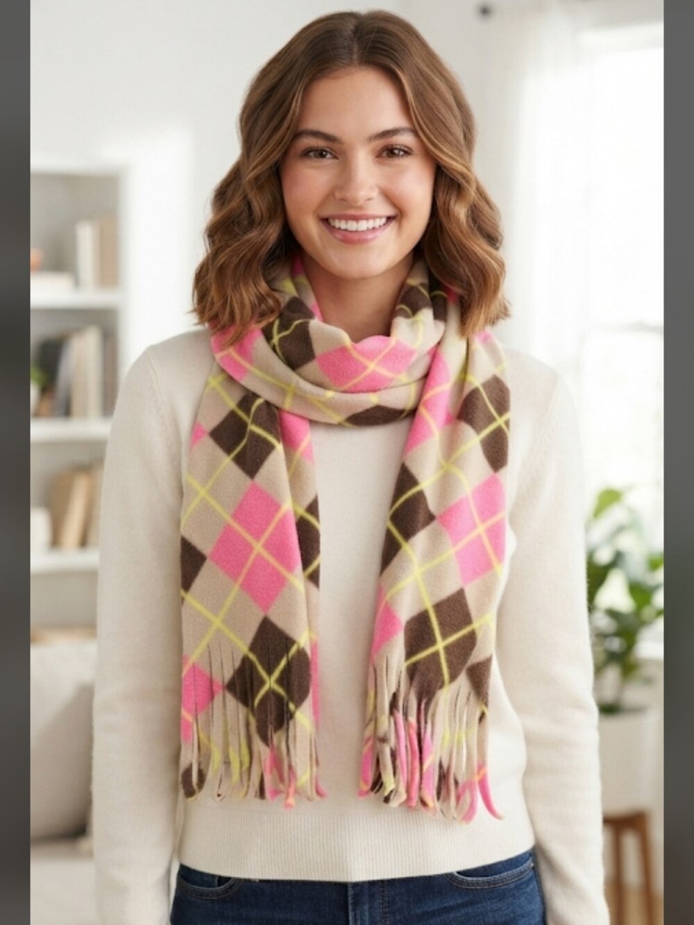 Old Navy Pink & Brown Fleece Argyle Scarf With Fringe 10" Wide x 6' Long